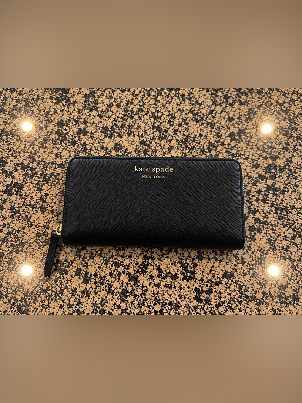kate spade Black Zip Around Wallet with Gold Logo